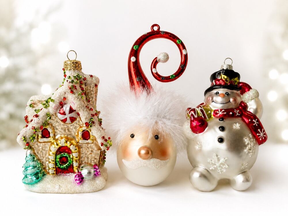 Christopher Radko and other glass gingerbread house Santa face mouth-blown glass